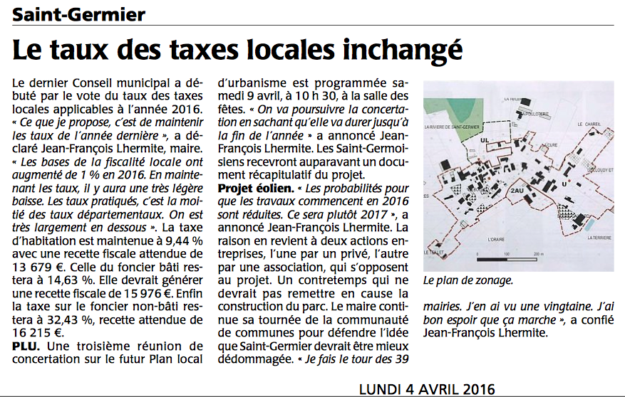 20160404-Courrier-Le taux des taxes locales inchangé