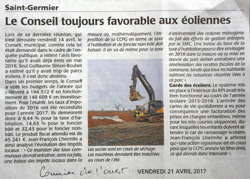 20170421-Courrier-Le Conseil toujours favorable aux éoliennes