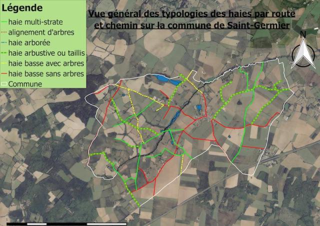 Saint Germier : typologie des haie par route et chemin.